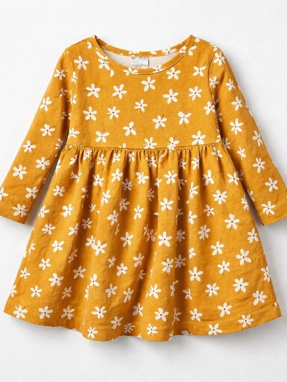 Hanna Andersson mustard long sleeve knit dress with cream floral print 18-24 m